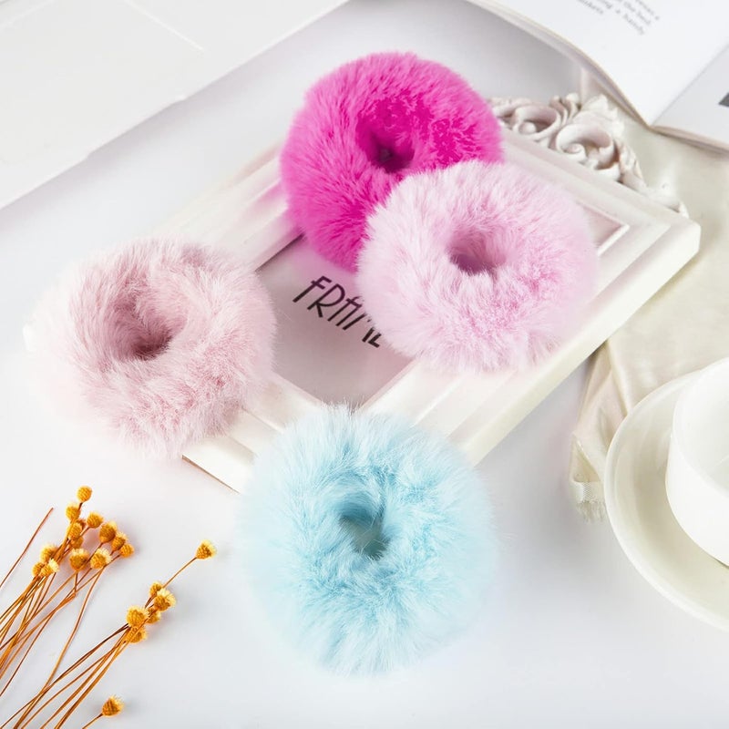Mljsh 2 PCS Pink Pom Pom Hair Tie Fuzzy Furry Faux Rabbit Fur Scrunchies for Girls Women Hair Accessories - Image 4
